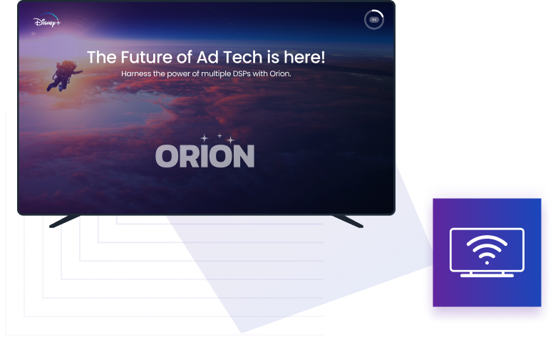 A graphic example of a CTV ad with the ORION logo on it. 