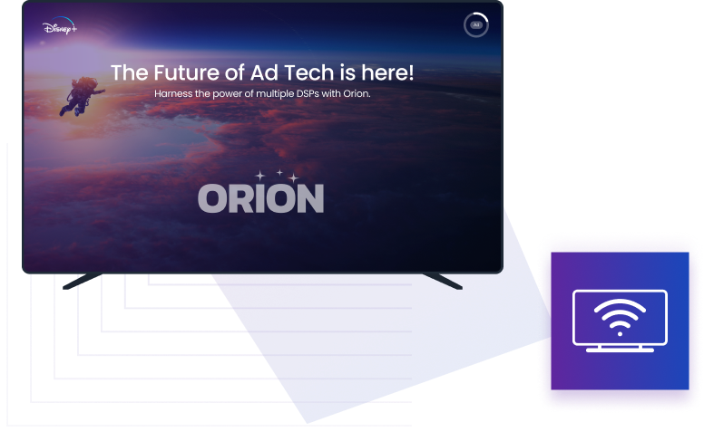 A graphic example of a CTV ad with the ORION logo on it. 