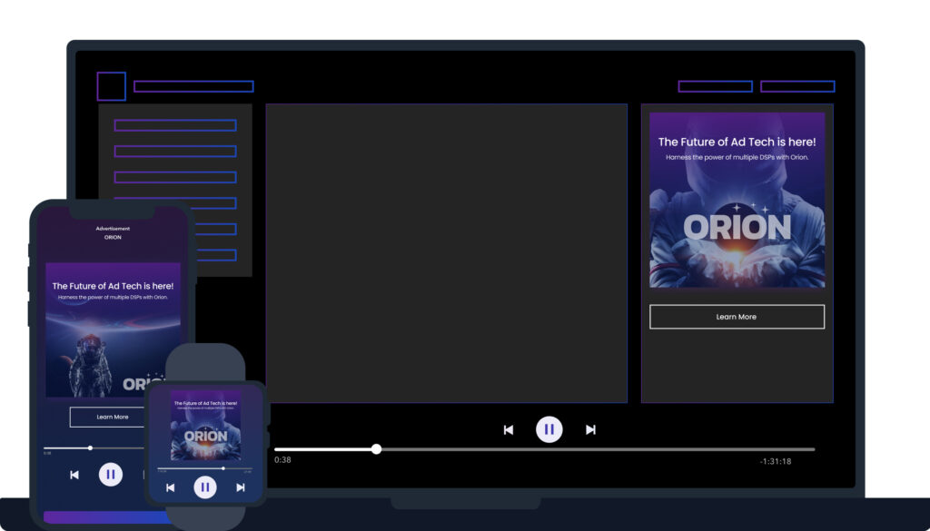 an illustration of streaming audio ads that advertise ORION, set inside of a streaming audio interface.