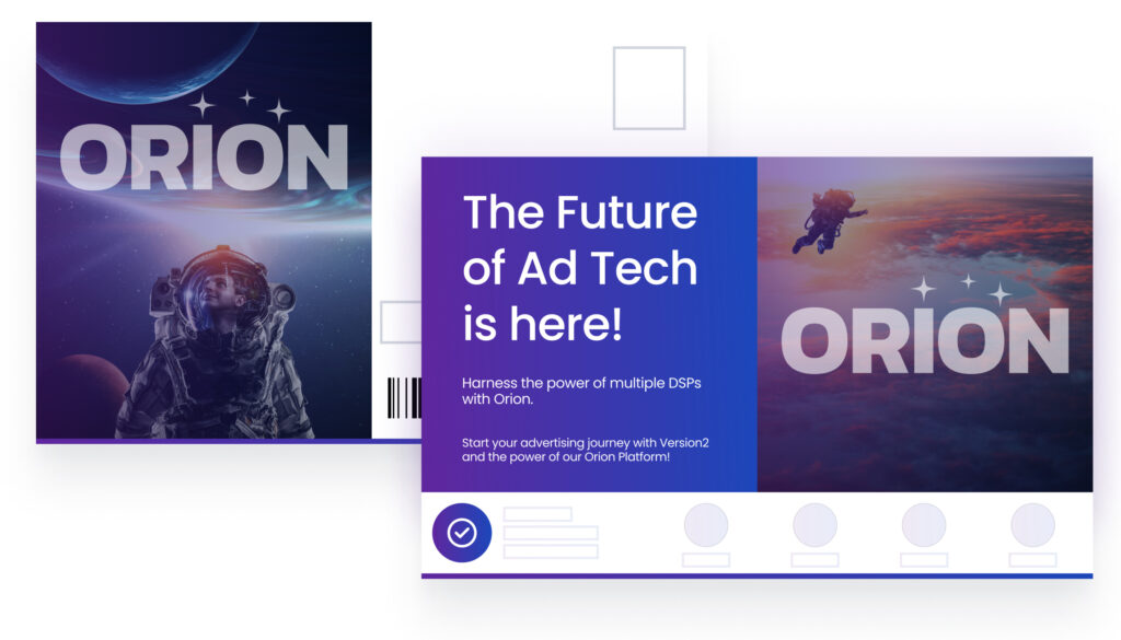 An graphic of an example piece of programmatic direct mail, with the ORION brand.
