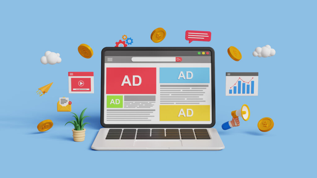 3D laptop with display ads, charts and a megaphone—representing programmatic advertising, audience targeting solutions, media planning and buying, cross-channel campaign management, and a self-serve dsp.